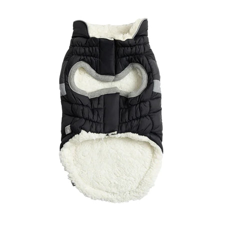 Black and white dog coat with a bone design on a white background