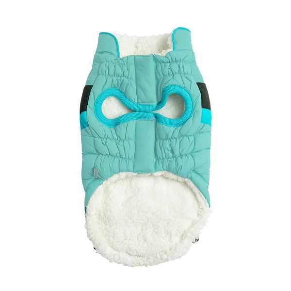 Teal and white dog coat with a white interior on a white background