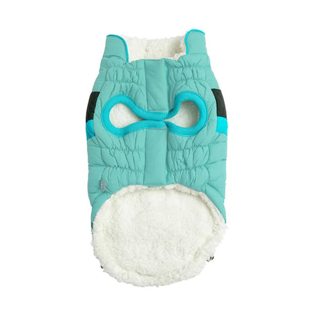 Teal and white dog coat with a white interior on a white background