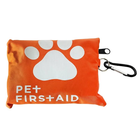 Orange pet first aid kit with a white paw print and 'Pet First Aid' text on a white background.