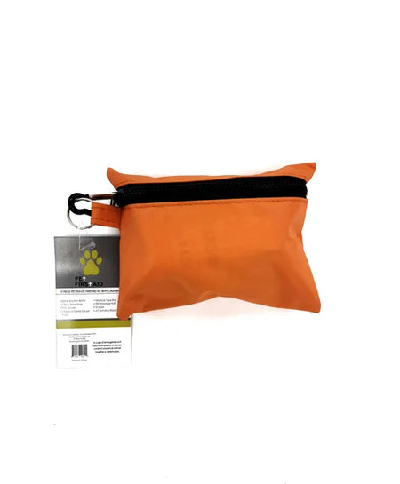 Orange pouch with black strap and a product tag on a white background