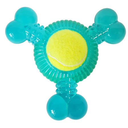 Teal dog toy with a yellow tennis ball inside on a white background