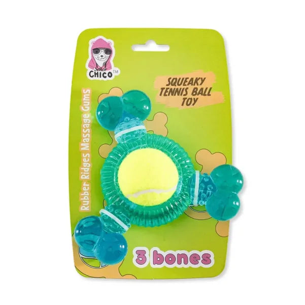 Squeaky tennis ball toy with packaging featuring a brand logo on a white background