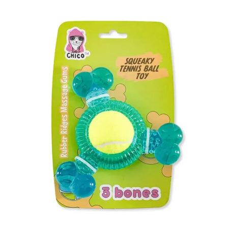 Squeaky tennis ball toy with packaging featuring a brand logo on a white background