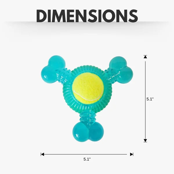 Teal dog toy with a tennis ball center and dimensions labeled on a white background