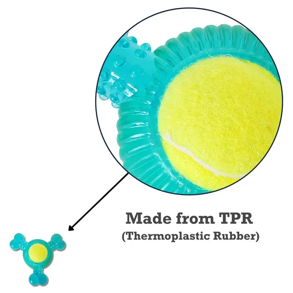 Yellow tennis ball with blue rim and green base, labeled 'Made from TPR (Thermoplastic Rubber)'