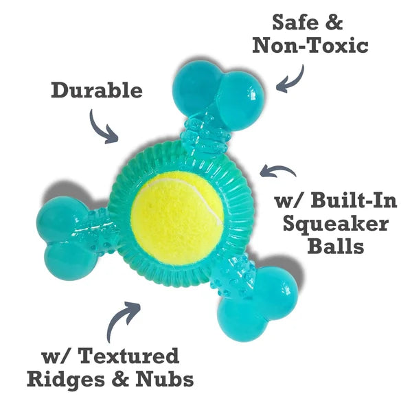 Teal dog toy with tennis ball inside, labeled for safety and features.