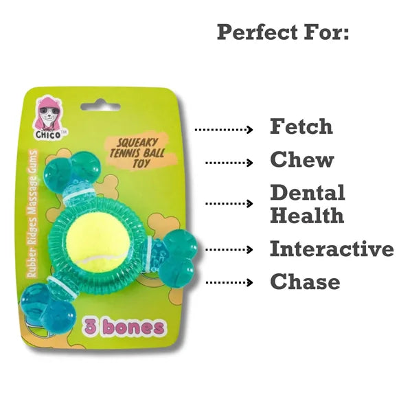 Gico dog toy packaging with text indicating uses for the toy.