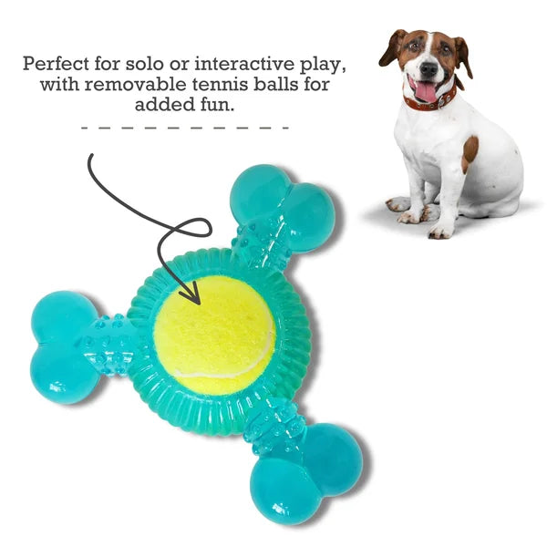 Dog toy with removable tennis balls and a dog sitting next to it on a white background