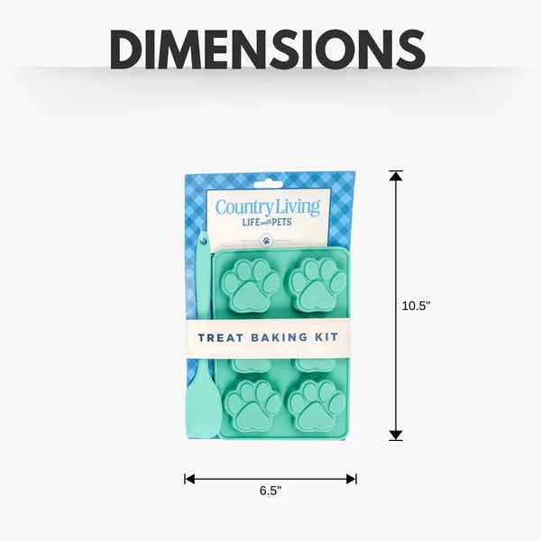 Treat baking kit with paw print design and 'Country Living' branding, shown with dimensions on a white background.