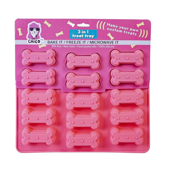 Pink bone-shaped silicone mold for baking, freezing, and microwaving on a pink background with brand logo.