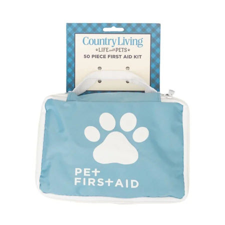 Pet first aid kit with blue pouch and white paw print logo on a white background