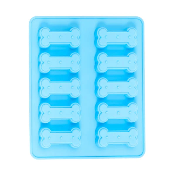 Blue silicone mold with bone-shaped cavities on a white background