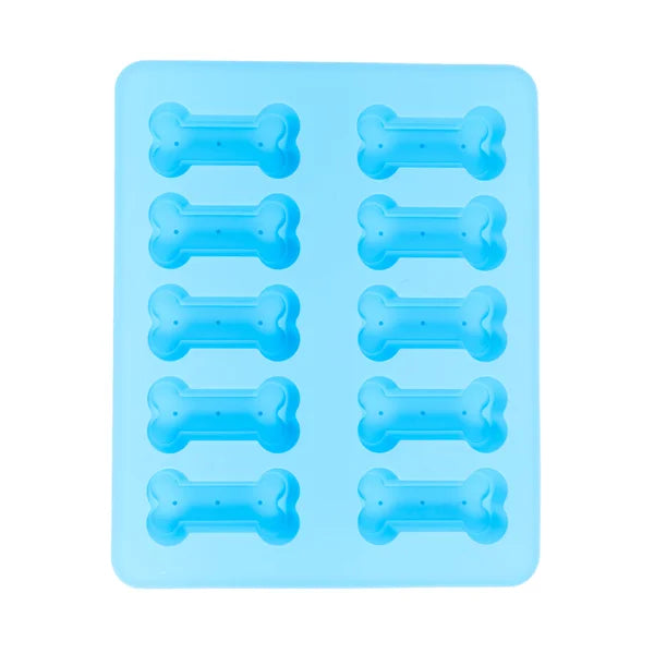 Blue silicone mold with bone-shaped cavities on a white background