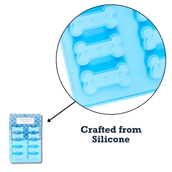 Blue silicone mold with bone shapes and packaging on a white background