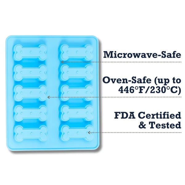 Blue silicone mold with bone shapes and safety information text on a white background