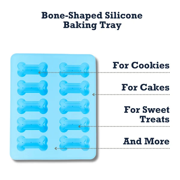 Blue bone-shaped silicone baking tray with text indicating its use for cookies, cakes, and sweet treats.