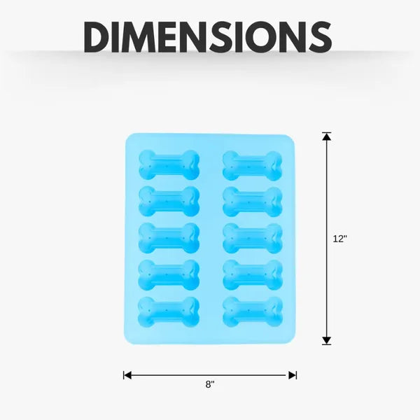 Blue bone-shaped ice cube tray with dimensions labeled on a white background