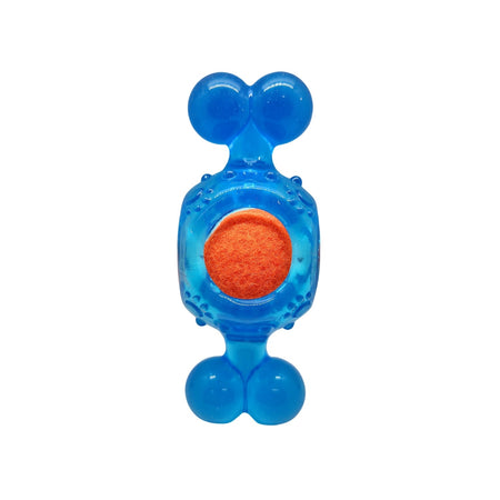 Blue and orange baby rattle on a white background