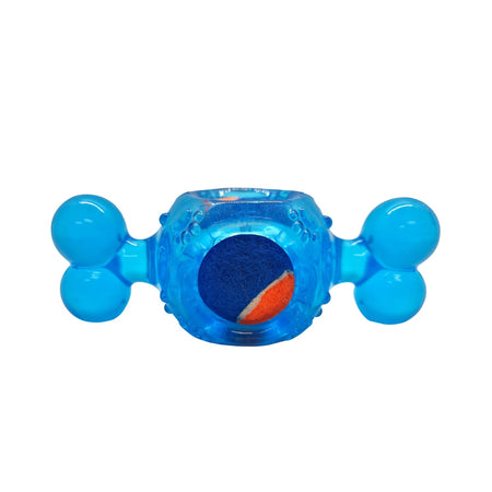 Blue dog toy with a ball inside on a white background