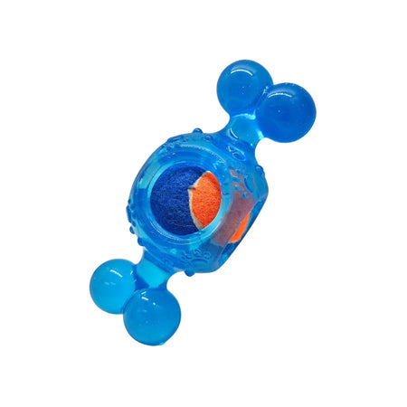 Blue and orange toy with spherical ends on a white background