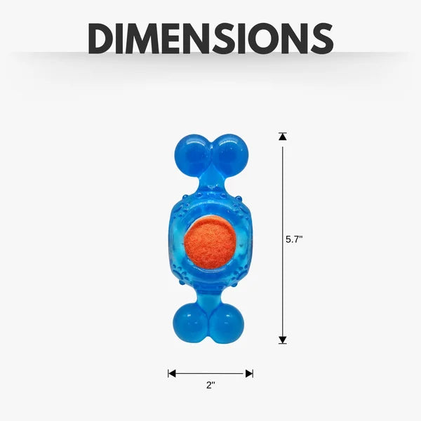 Blue and orange toy with dimensions labeled on a white background