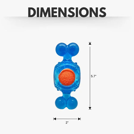 Blue and orange toy with dimensions labeled on a white background