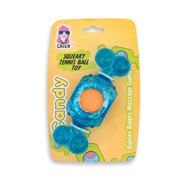 Blue and orange squeaky tennis ball toy with packaging featuring the Chico brand on a white background.