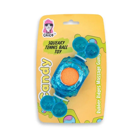 Blue and orange squeaky tennis ball toy with packaging featuring the Chico brand on a white background.