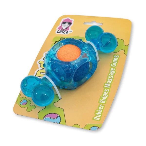 Blue and orange rubber ridge massage ball on a colorful packaging with 'Chico' branding.