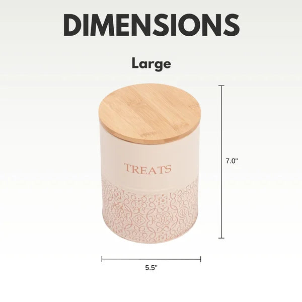 Treats container with wooden lid and dimensions labeled