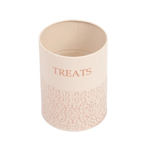 Pink treat jar with 'TREATS' text on a white background