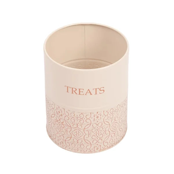 Beige treat container with 'TREATS' text on a white background