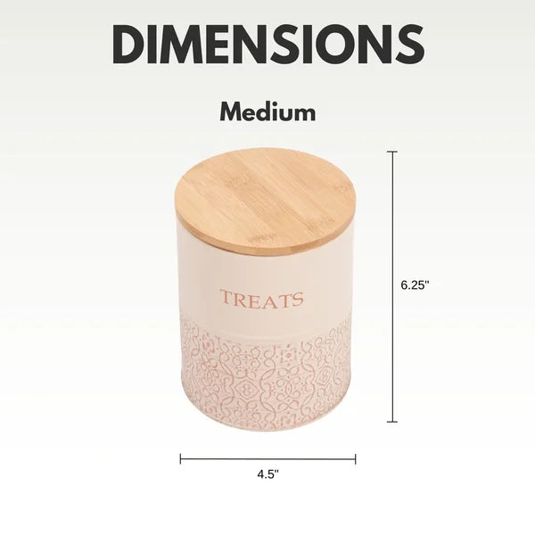 Treats container with wooden lid and dimensions on a white background