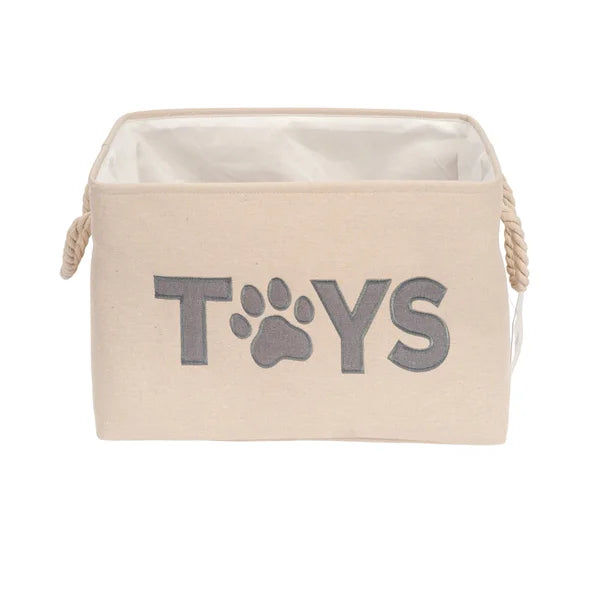 Beige storage bin with 'TOYS' and a paw print on a white background