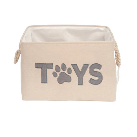 Beige storage bin with 'TOYS' and a paw print on a white background