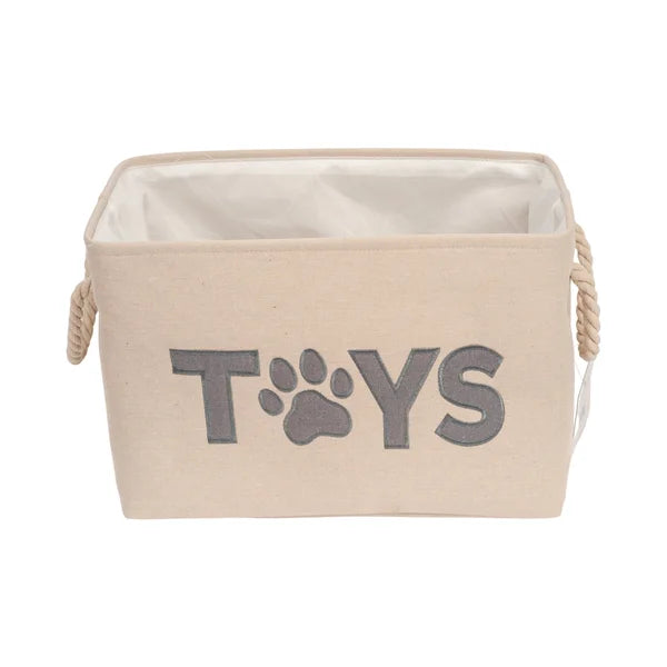 Beige storage bin with 'TOYS' and paw print design on a white background
