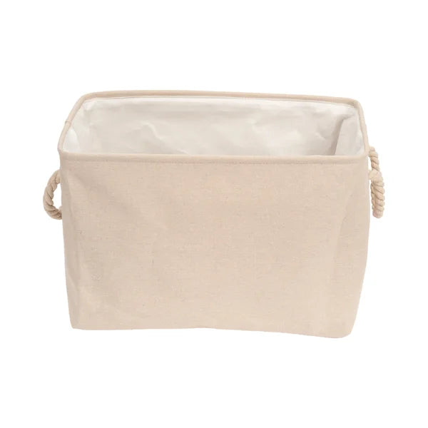Beige fabric storage basket with handles on a white background