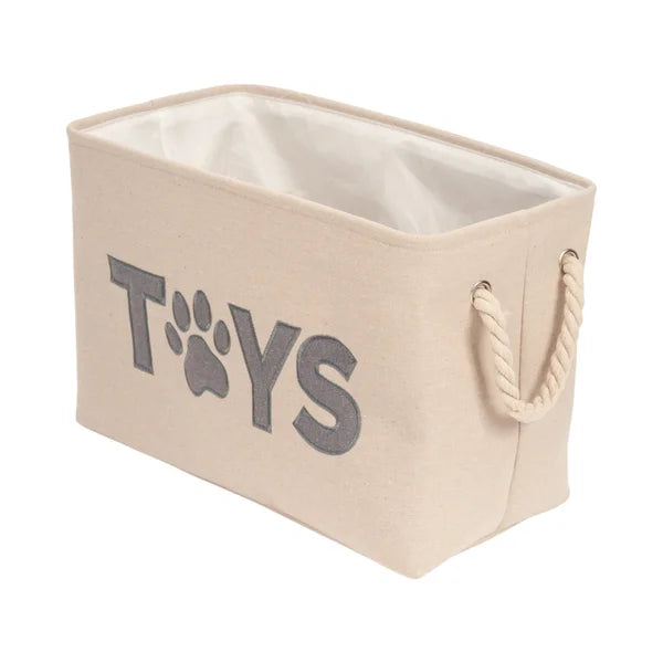 Beige storage bin with 'TOYS' and paw print design on a white background