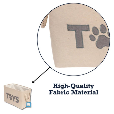 Beige pet toy box with 'T' and paw print design, labeled 'High-Quality Fabric Material'.