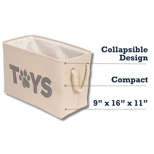 Collapsible storage bin for toys with dimensions on a white background