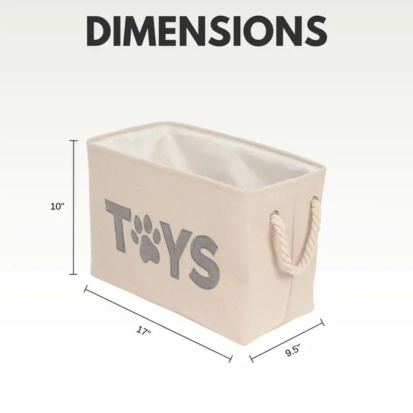Beige storage bin with 'TOYS' and paw print design, showing dimensions on a white background.