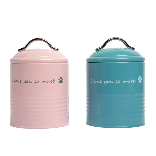 Two cylindrical containers, one pink and one blue, with 'I love you so much' text on a white background.