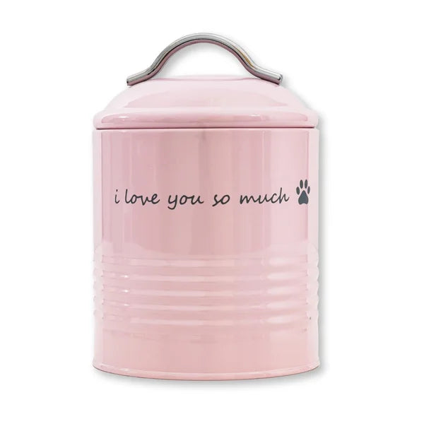 Pink pet food container with 'i love you so much' text on a white background