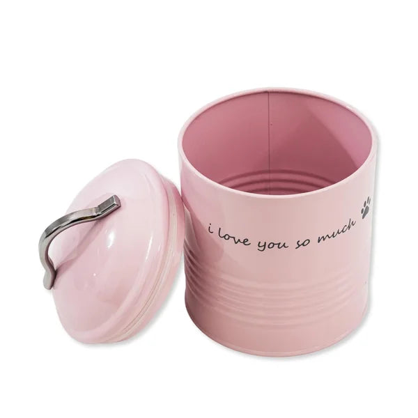 Pink container with lid and 'i love you so much' text on a white background