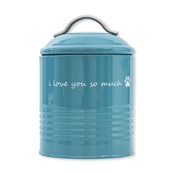 Blue cylindrical container with 'i love you so much' text and paw print on a white background