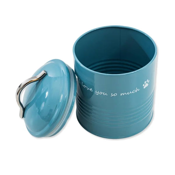 Blue pet food container with lid on a white background