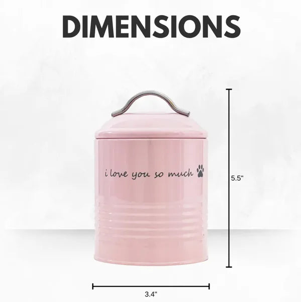 Pink cylindrical container with 'i love you so much' text and dimensions on a white background