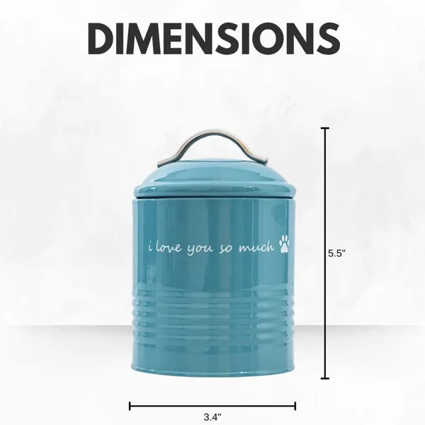 Blue cylindrical container with 'i love you so much' text and measurements on a white background