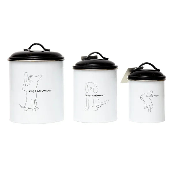 Three white canisters with black lids and dog illustrations on a white background